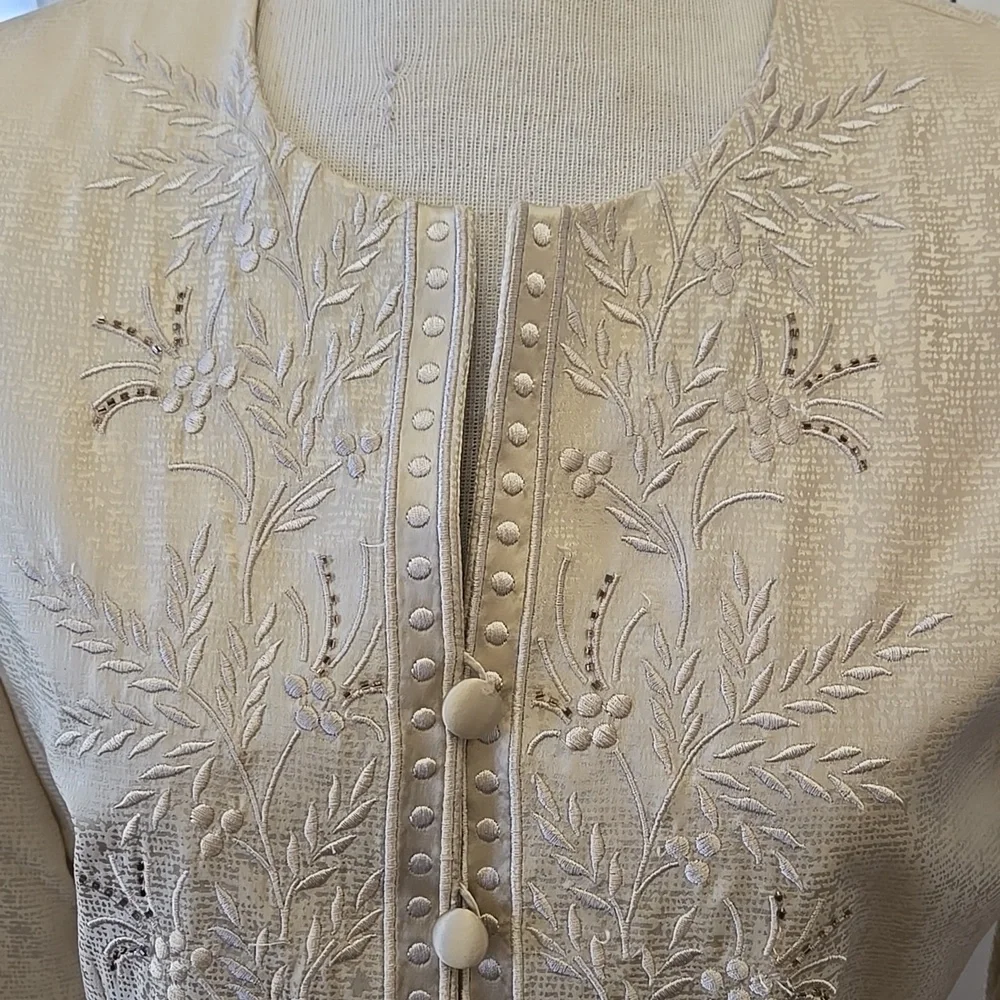 Adrianna Papell 100% Silk Cream Embroidered Beaded Maxi Pencil Skirt Suit 12 EUC